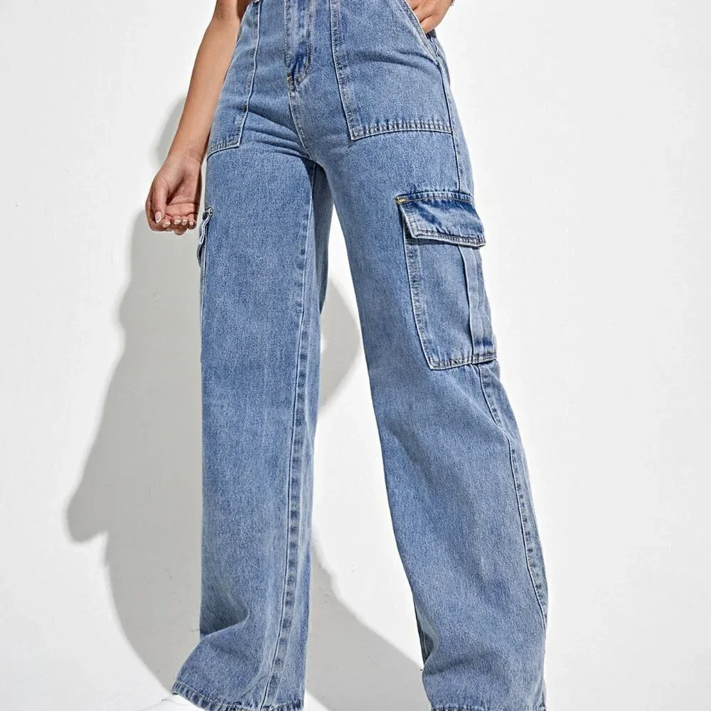 Light Wash Casual Womens High Waist Flap Pocket Side Cargo Jeans
